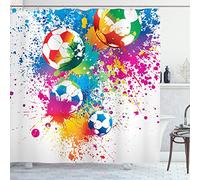 ABAKUHAUS Soccer Shower Curtain, Colored Splashes All over Soccer Balls Score World Cup Championship Athletic, Cloth Fabric Bathroom Decor Set with Hooks, 86 Inches Extra Long, Multicolor
