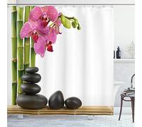 ABAKUHAUS Spa Shower Curtain, Orchid Bamboos and Black Hot Stone Massage Image Print, Cloth Fabric Bathroom Decor Set with Hooks, 78 Inches, Pink Green and Black