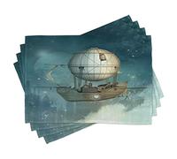 ABAKUHAUS Steampunk Place Mats Set of 4, Futuristic Airship, Washable Fabric Placemats for Dining Room Kitchen Table Decor, Petrol Blue and Tan