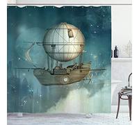 ABAKUHAUS Steampunk Shower Curtain, Airship Flying Over a Futuristic Town Full of Skyscrapers, Cloth Fabric Bathroom Decor Set with Hooks, 78" Inches, Blue Tan