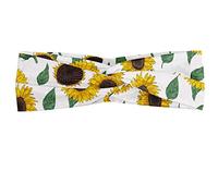 ABAKUHAUS Sunflower Headband, Agricultural Pattern Botanical Inspiration Hand-drawn Flowers, Elastic and Soft Women's Bandana for Sports and Everyday Use, Reseda Green Dark Brown
