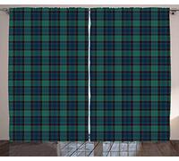 ABAKUHAUS Tartan Curtains, Traditional Quilt Design Scottish Folklore Elements Plaid Pattern, Living Room Bedroom Window Drapes 2 Panel Set, 89 W X 110 L, Dark Green Black