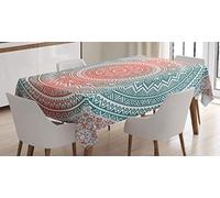 ABAKUHAUS Teal and Coral Tablecloth, Antique Mandala, Dining Room Kitchen Rectangular Table Cover, 54 W X 78 L, Teal Coral