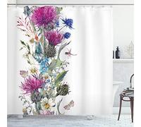 ABAKUHAUS Thistle Shower Curtain, Vintage Vertical Herbal Border with Blooming Meadow Flowers Chamomile and Dragonfly, Cloth Fabric Bathroom Decor Set with Hooks, 70" Inches, Green Magenta