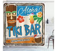 ABAKUHAUS Tiki Bar Shower Curtain, Rusty Vintage Sign Aloha Exotic Cocktails and Coconut Drink Antique Nostalgic, Cloth Fabric Bathroom Decor Set with Hooks, 70 Inches, Multicolor