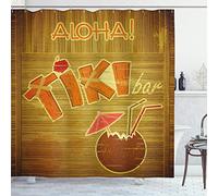 ABAKUHAUS Tiki Bar Shower Curtain, Wooden Planks on Wall Styled Text Cocktail Hibiscus Aloha, Cloth Fabric Bathroom Decor Set with Hooks, 175 x 200 cm, Brown Orange Pink