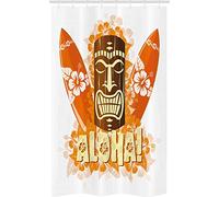 ABAKUHAUS Tiki Bar Stall Shower Curtain, Hibiscus Flora, Fabric Bathroom Decor Set with Hooks, 47" x 70", Orange Brown Pale Yellow