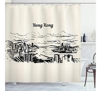 ABAKUHAUS Travel Shower Curtain, Hong Kong Skyline Wording, Cloth Fabric Bathroom Decor Set with Hooks, 94 Inches, Eggshell and Dark Taupe