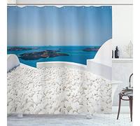 ABAKUHAUS Travel Shower Curtain, Hotel with White Stones Santorini Island Greece Landscape with Sea Art, Cloth Fabric Bathroom Decor Set with Hooks, 86 Inches Extra Long, Turquoise and White