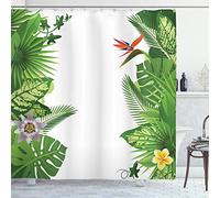 ABAKUHAUS Tropical Shower Curtain, Growth Rainforest of Hawaii with Frangipani Philodendron Birds of Paradise, Cloth Fabric Bathroom Decor Set with Hooks, 78" Inches, Green White