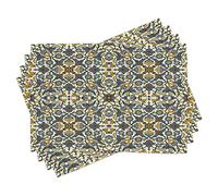 ABAKUHAUS Turkish Pattern Place Mats Set of 4, Flowers in and Traditional Style, Washable Fabric Placemats for Dining Table, Standard Size, Mustard Blue