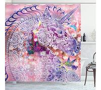 ABAKUHAUS Unicorn Shower Curtain, Fantasy Animal with Floral Ornaments and Birds on Natural Pink Background, Cloth Fabric Bathroom Decor Set with Hooks, 70 Inches, Pink Purple