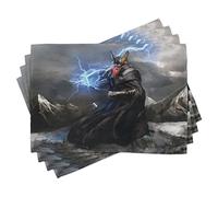 ABAKUHAUS Viking Place Mats Set of 4, Thor with Mjolnir and Thunder Flying over Mountains Angry Warrior from Norse Myths, Washable Fabric Placemats for Dining Room Kitchen Table Decor, Multicolor