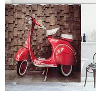 ABAKUHAUS Vintage Shower Curtain, Retro Motorcycle Nostalgic Scooter in Front of Wall Vehicle Traffic Urban Picture, Cloth Fabric Bathroom Decor Set with Hooks, 78" Inches, Umbra Brown Red