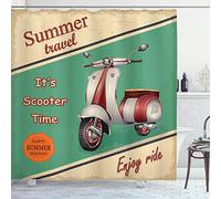 ABAKUHAUS Vintage Shower Curtain, Scooter Motorbike Summer Travel Italian City Sight Hipster Enjoy Ride Illustration, Cloth Fabric Bathroom Decor Set with Hooks, 70 Inches, Multicolor