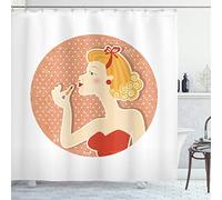 ABAKUHAUS Vintage Woman Shower Curtain, Pin up Style Female Image Wearing Lipstick on Weathered Polka Dot Backdrop, Cloth Fabric Bathroom Decor Set with Hooks, 78 Inches, Multicolor