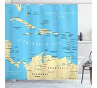 ABAKUHAUS Wanderlust Shower Curtain, Caribbean Political Map Capitals National Borders Important Cities Rivers Lakes, Cloth Fabric Bathroom Decor Set with Hooks, 70 Inches, Blue Ivory