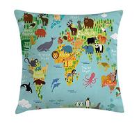 ABAKUHAUS Wanderlust Throw Pillow Cushion Cover, Animal Map of the World for Children Kids Cartoon Mountains Forests, Decorative Square Accent Pillow Case, 18 X 18 Inches, Pale Blue Yellow Green
