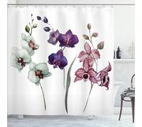 ABAKUHAUS Watercolor Flower Shower Curtain, Different Orchid Flowers on Clear Background Exotic Blooms, Cloth Fabric Bathroom Decor Set with Hooks, 175 x 200 cm, Purple Dried Rose White