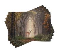 ABAKUHAUS Wildlife Place Mats Set of 4, Stag Deer Discovers a Dreamy Misty Forest Autumn Tree Foggy Pathway, Washable Fabric Placemats for Dining Table, Standard Size, Taupe Caramel