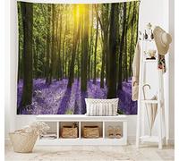 ABAKUHAUS Woodland Tapestry, Sunbeams in the Forest of Bluebells Blooms Deep in Woodland Oxfordshire, Fabric Wall Hanging Decor for Bedroom Living Room Dorm, 90 W X 54 L, Violet Green Yellow