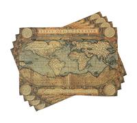ABAKUHAUS World Map Placemats, Old Ancient Chart Vintage Reproduction of 16th Century Atlas Print, Washable Fabric Dining Room Kitchen Table Decoration Digital Print, Caramel