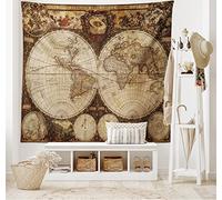 ABAKUHAUS World Map Tapestry, Old World Map Drawn in 1720s Nostalgic Style Art Historical Atlas Vintage Design, Fabric Wall Hanging Decor for Bedroom Living Room Dorm, 60 W X 40 L, Brown Beige