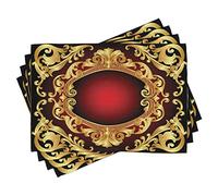 ABAKUHAUS Yellow Damask Place Mats Set of 4, Frame Baroque, Washable Fabric Placemats for Dining Room Kitchen Table Decor, Earth Yellow Burgundy