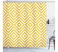 ABAKUHAUS Yellow Shower Curtain, Zig Zag and Rhombus Pattern Vintage Stripe Style Geometric Design, Cloth Fabric Bathroom Decor Set with Hooks, 70 Inches, Marigold White