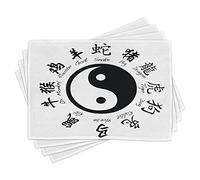 ABAKUHAUS Yin-Yang Placemats, Asianlism, Washable Fabric Dining Room Kitchen Table Decoration Digital Print, White and Black