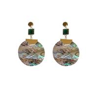 Abalone Shell Round Drop Earrings for Women, Gold Plated Square Emerald Green Crystal Dangle Earrings, Iridescent Shell Statement Jewelry for Vacation Party Gift