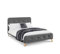 abana fabric king size bed in grey linen with wooden legs