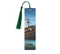 Abandoned Cruise Ship at Sea Wooden Bookmarks 5 Pcs,Handmade Double-Sided Printed Book Marks Page Markers with Dark Green Tassels Book Accessories Gift for Book Lovers Women Men