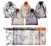 Abaodam 100pcs Reusable Organza Drawstring Bags with Halloween Themed Spider Web Printing, Small Storage Pouches for Candy and Chocolate, Easy to Handle Gift Bags for Festive Random Color