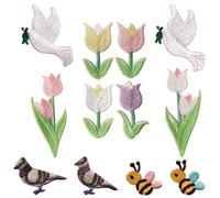 Abaodam 12pcs Embroidered Cartoon Bird and Bee Appliqué Patch Set Flower Designs, Self-Adhesive Fabric Stickers for DIY Clothing Decoration, Hat and Coat Accessories, Daily Use Embroidery