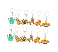 Abaodam 12pcs Mexican Fiesta Keychains Cartoon Cactus Hat Hot Dog Guitar Designs PVC Festival Keyrings for Party Bag Fillers Backpack Hanging Decor