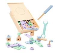 Abaodam 1Set Wooden Building Tool Box for Educational DIY Construction Kit with Hammer Drill and Puzzle Elements Safe Playset for Learn Shapes Colors and Numbers