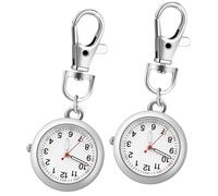 Abaodam 2 Pcs Silver Hanging Buckle Pocket Watches with Luminous Pointers and Glass Stainless Steel Case, Portable Watch Clip-on Keychain for Nurses and Doctors