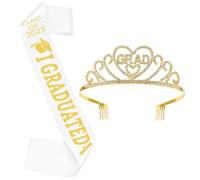 Abaodam 2023 Graduation Satin Grad Sash and Rhinestone Tiara Crown Set, Elegant White Alloy and Satin Materials for Graduation Photo Props and Party Decorations