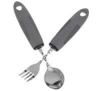 Abaodam 2Pcs Adaptive Utensil Set for Elderly with Trembling Hands, Stainless Steel Built-Up Fork and Curved Spoon with Gray Rubber Handles, Rehabilitation Eating Aid Cutlery for Seniors