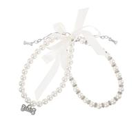 Abaodam 2pcs Adjustable Pet Necklace for Small Dogs Cats Pearl Collar with Bowknot and Bone Pendant Lightweight Costume Jewelry for Daily Walks Parties Family Gatherings Photo Sessions