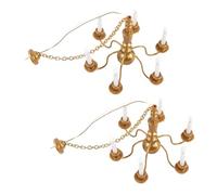 Abaodam 2pcs Miniature Hanging Ceiling Lamps for Dollhouse Decor, Gold Simulation LED Chandelier Warm White Light, Micro Landscaping Sand Table DIY Lighting Accessories