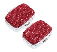 Abaodam 2pcs Portable Mini Pill Organizers with 2 Compartments Each, Red Metal Rhinestone Case for Daily Use and Office, Lightweight Moisture Protection Travel Essentials