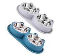 Abaodam 2PCS Stainless Steel Pet Bowls with Non-Slip Base and Spill-Proof Design, Navy Blue and Grey Small Cat Food and Water Dishes, Anti-Ant Raised Feeding Bowls for Puppies and Kittens