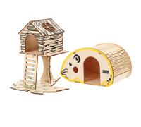 Abaodam 2pcs Wooden Hamster Cage Villa with Climbing Frame and Natural Wood Platform, Small Animal Habitat House for Gerbils and Hamsters, Pet Supply Shelter for Year-round Use