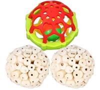 Abaodam 3 Pcs Bird Chew Set for Parrots Budgies Cockatiels - 2 Natural Edible Wood Balls and 1 Soft Rubber Grinding Beak Ball - Small Size For Bird Beak Care and Foraging Random Color