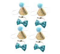 Abaodam 4 Set Pet Birthday Hat and Bowtie Combo Sequins Mini Party Hats with Pom Poms and Ties Reusable Small Dog and Cat Costume Accessories for Puppy Themed Party Decorations