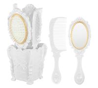 Abaodam 5Pcs Hair Brush and Comb Set with Desktop Dressing Mirror and Storage Bucket for Cosmetic Organizing in White