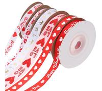 Abaodam 6 Rolls Valentine’s Day Wrapping Ribbon Set with Hearts and Love Prints, Satin DIY Ribbon Material for Wrapping, Cake Decoration, Wedding and Party Supplies