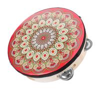 Abaodam 8-inch Wooden Tambourine with Single Row Jingles, Red Peacock Plume Design Handheld Percussion Drum for Dance, Church, and Musical Instrument Use